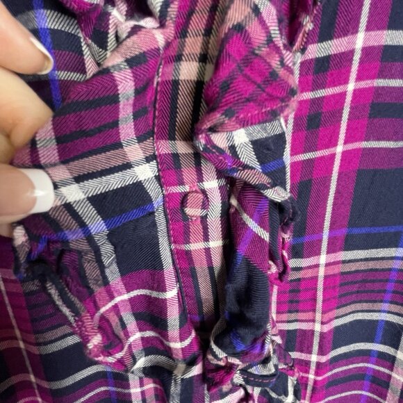 Chico's Women's Plaid  Flannel Top Size 4‎ (20/22) Ruffled Velvet Trim Collar - Picture 10 of 16